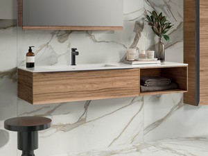 Meuble de salle de bains Trendy 141 cm noyer Belgravia lavabo Hide vasque gauche blanc brillant